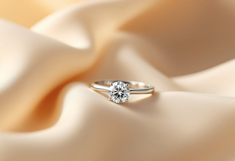 Round brilliant moissanite solitaire ring in sterling silver on cream silk