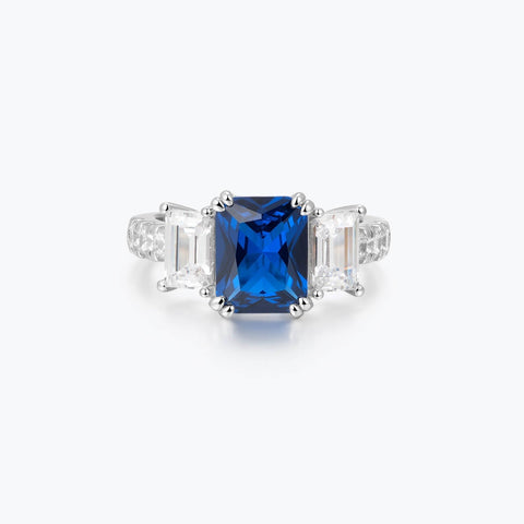 Azzurra blue cubic zirconia three-stone ring, top view