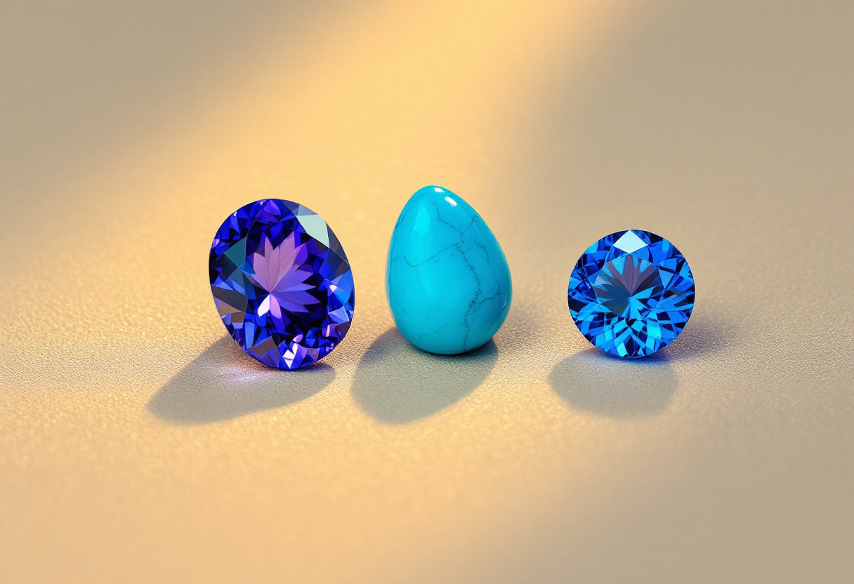 Tanzanite, turquoise and blue zircon gemstones side by side