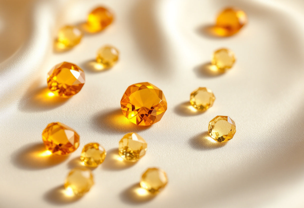 Loose golden topaz and citrine gemstones on cream silk