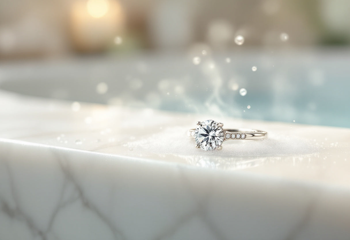 Sterling silver ring with a clear stone on a marble bathroom ledge with water droplets