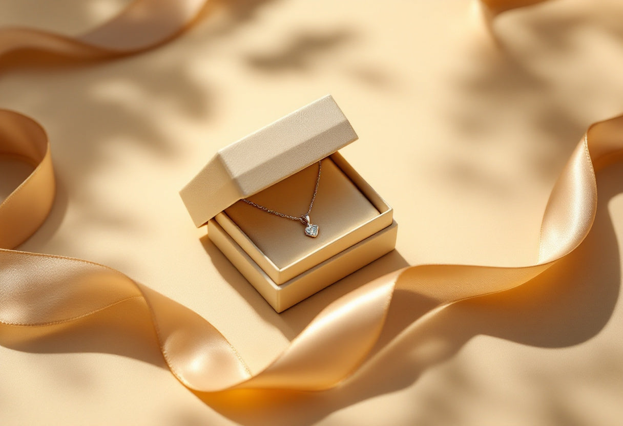 Open cream gift box with a delicate silver pendant necklace and satin ribbon