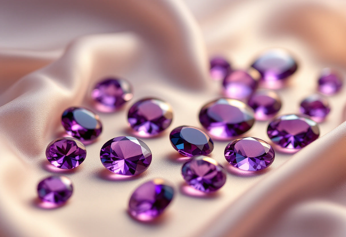 Loose amethyst gemstones on champagne silk — February birthstone