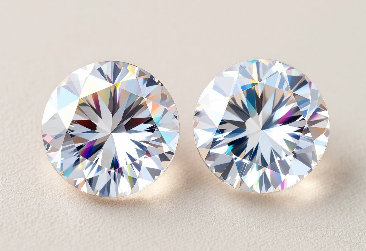 Two colorless round brilliant stones side by side, one showing subtle rainbow fire