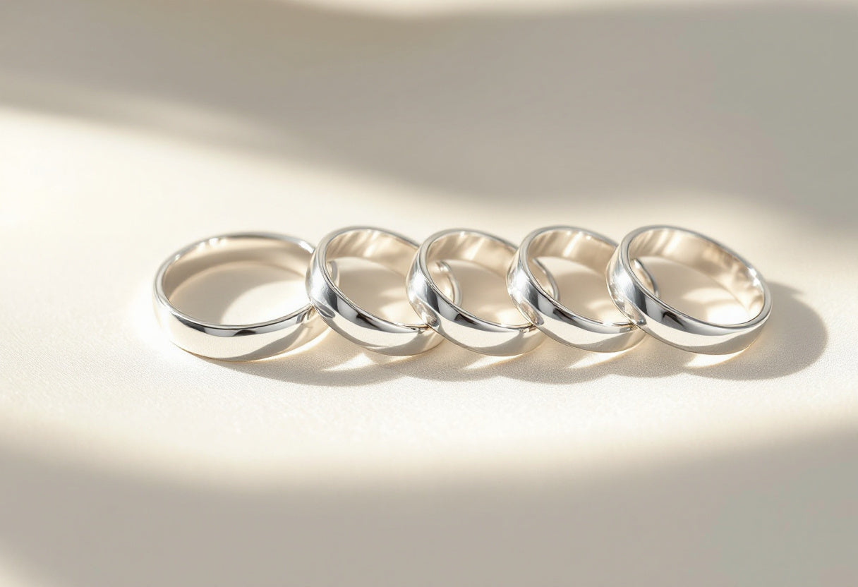Five silver band rings lined up on ivory linen