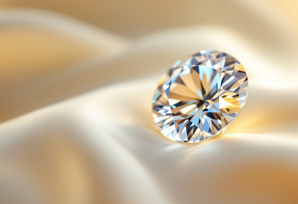 Crystal-clear round brilliant gemstone on cream silk
