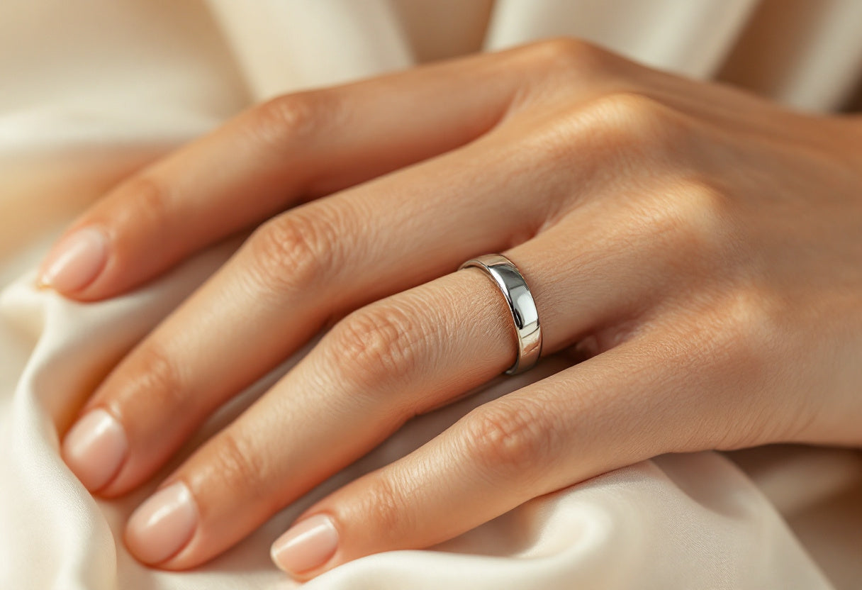 Hand wearing a polished sterling silver band ring on cream fabric