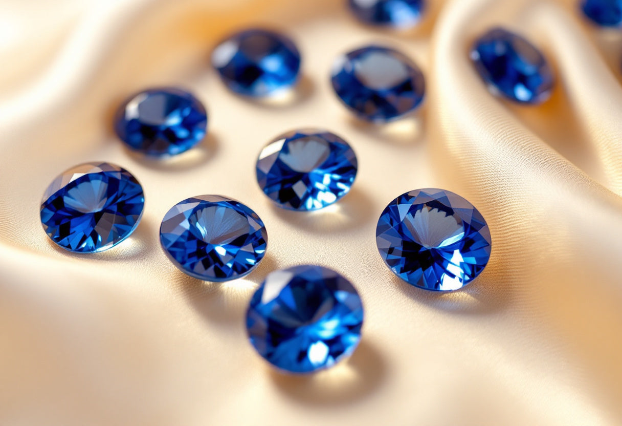 Deep blue faceted sapphire gemstones on cream silk
