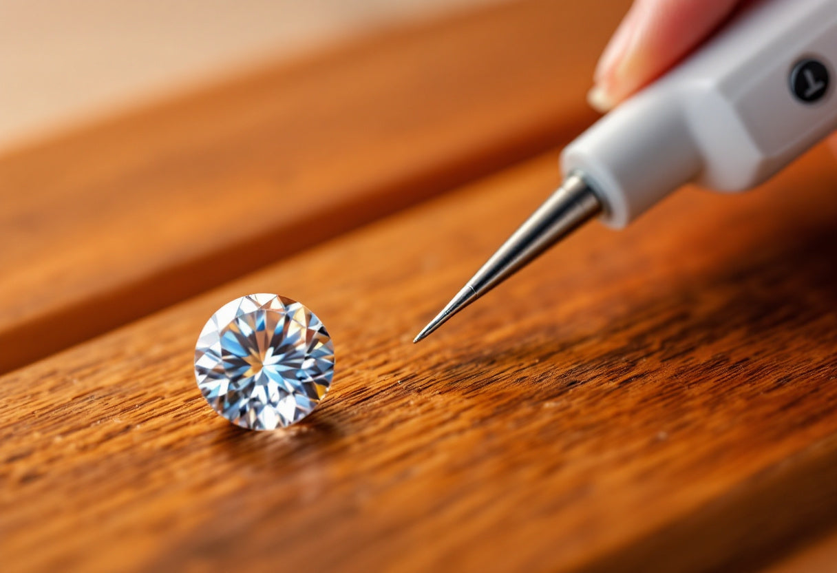 Diamond tester pen probe next to a loose round brilliant stone on a wooden bench