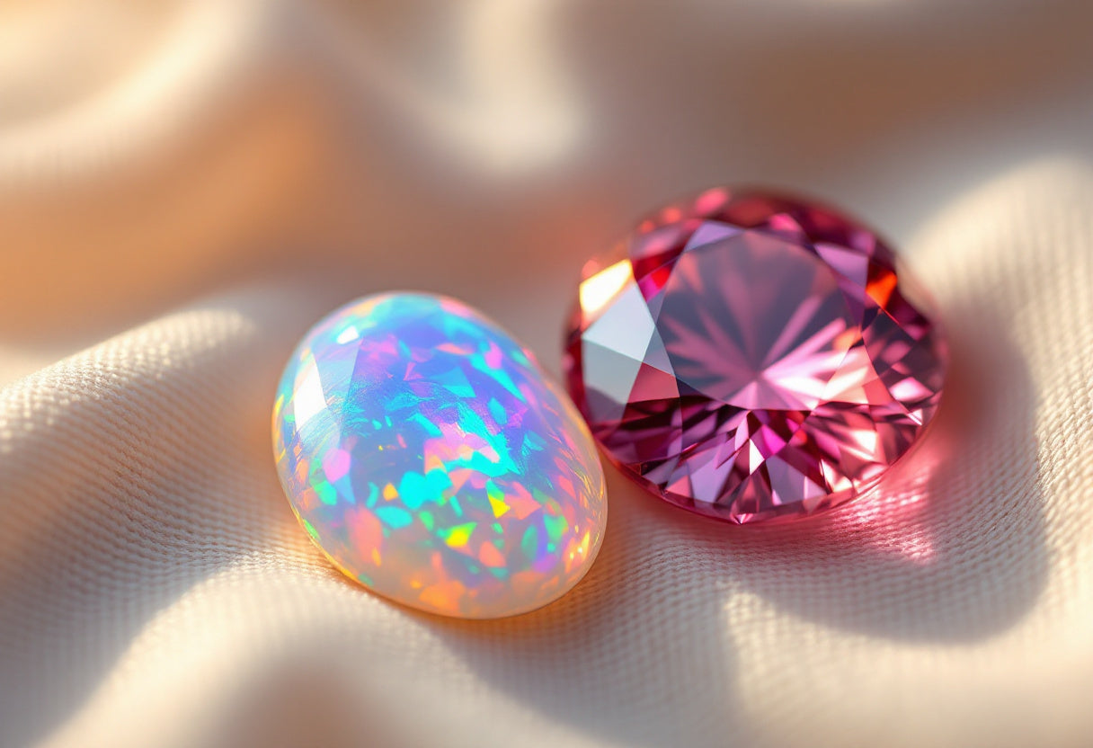 Opal cabochon with play-of-color beside a faceted pink tourmaline gem