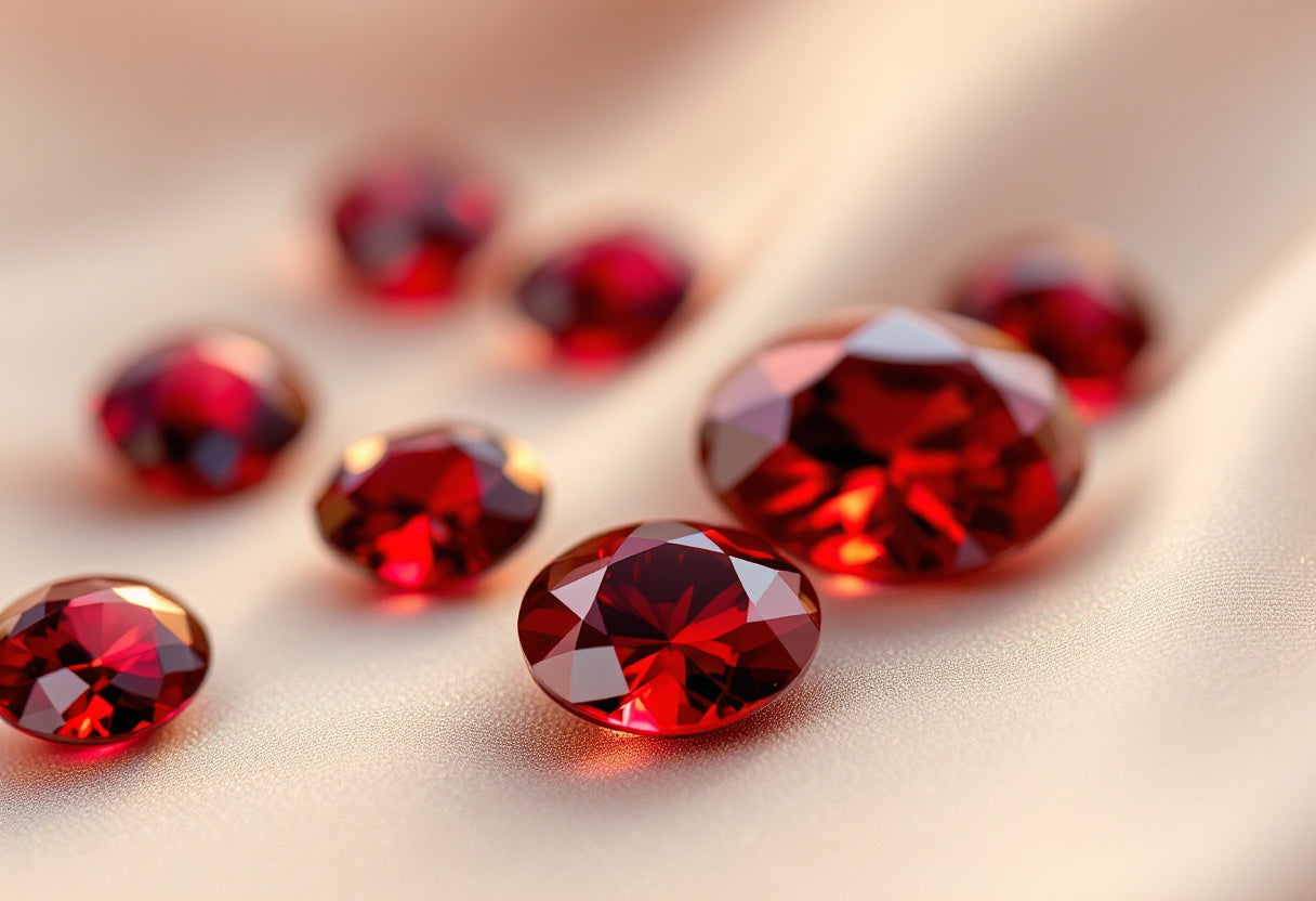 Deep red faceted garnet gemstones on cream silk