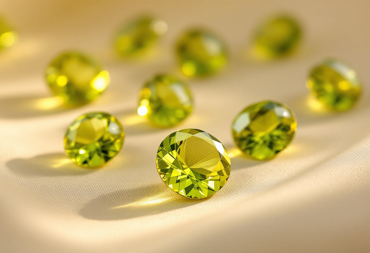 Green faceted peridot gemstones on cream linen