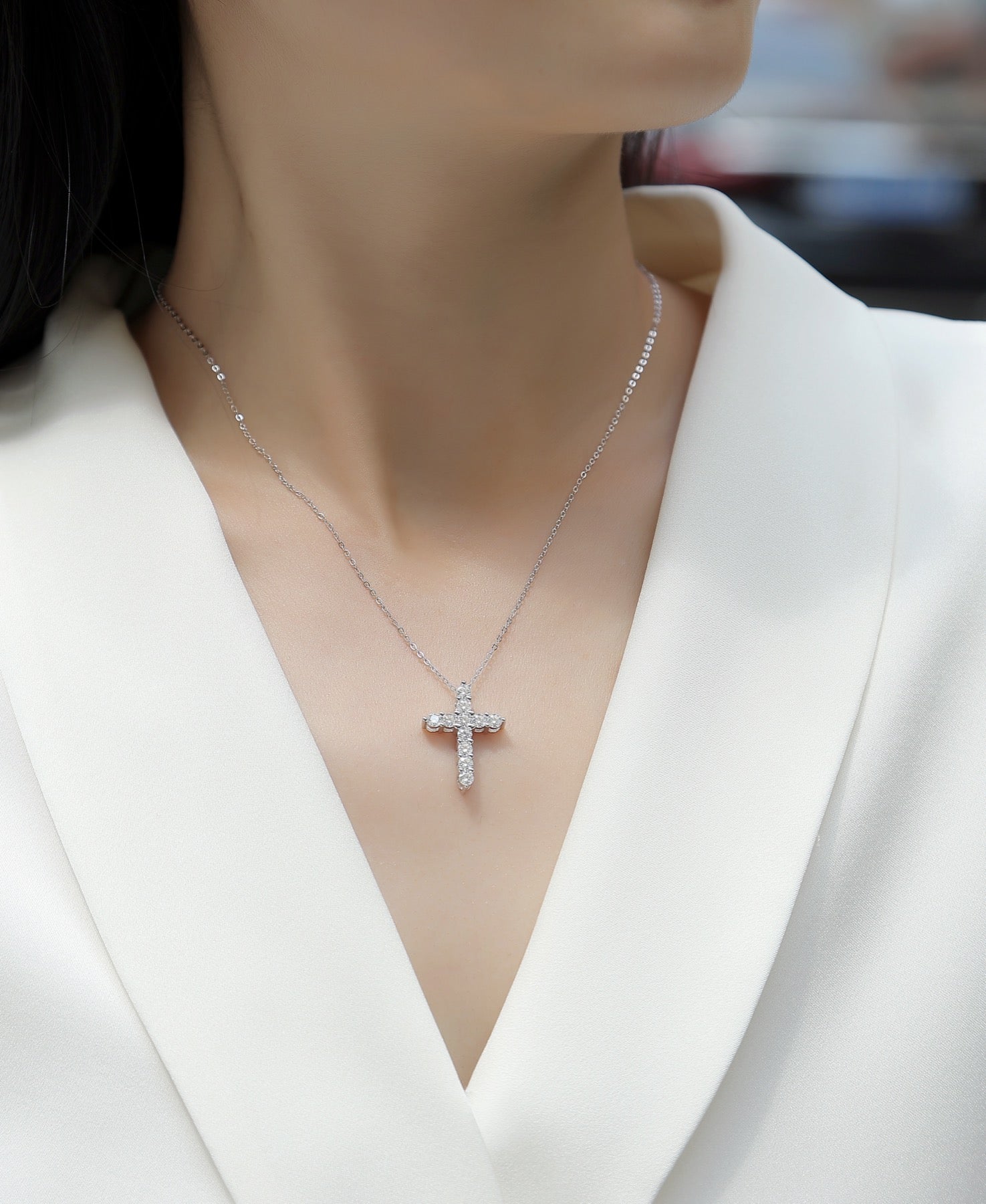 Faith Moissanite Cross Necklace in Sterling Silver