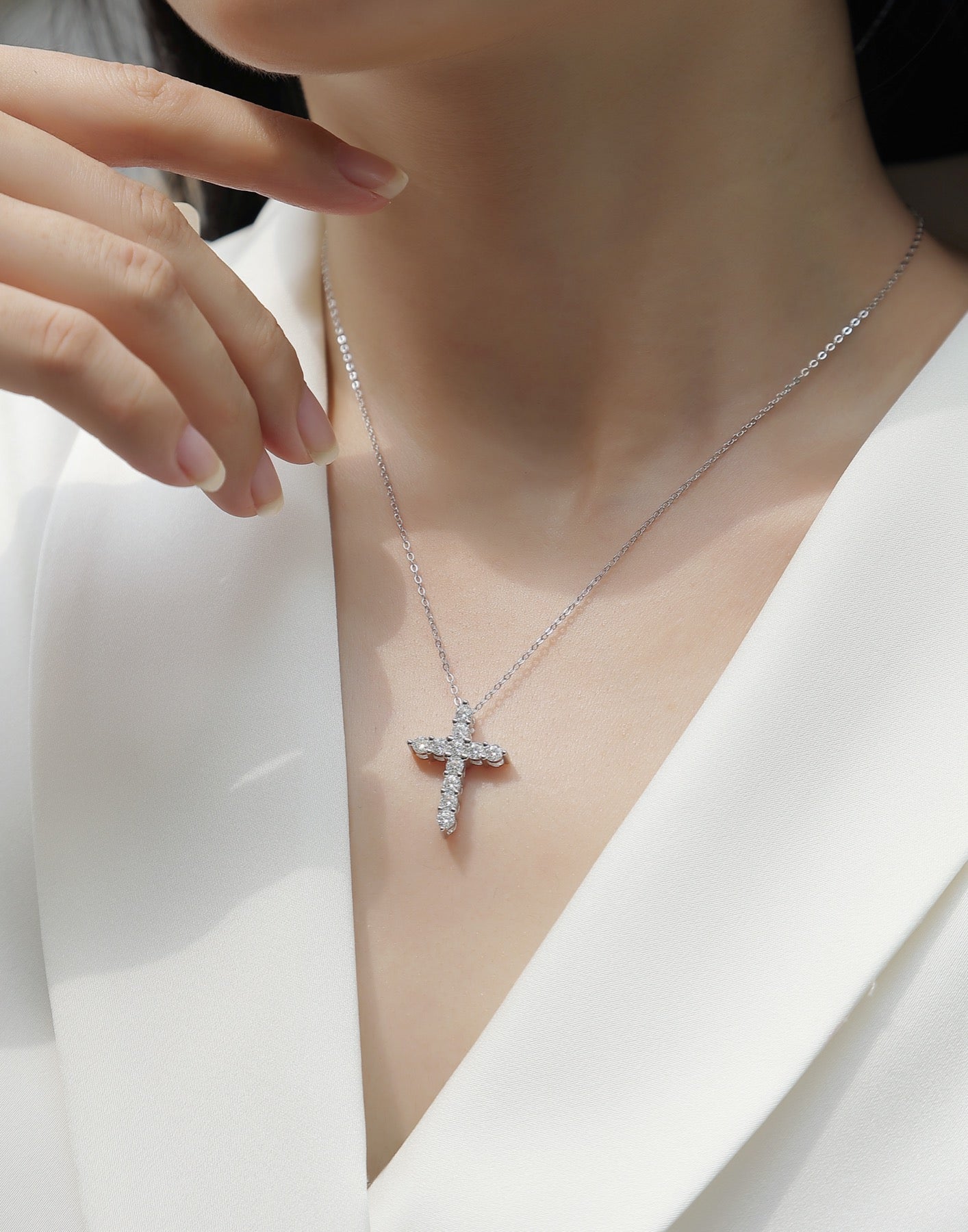 Faith Moissanite Cross Necklace in Sterling Silver