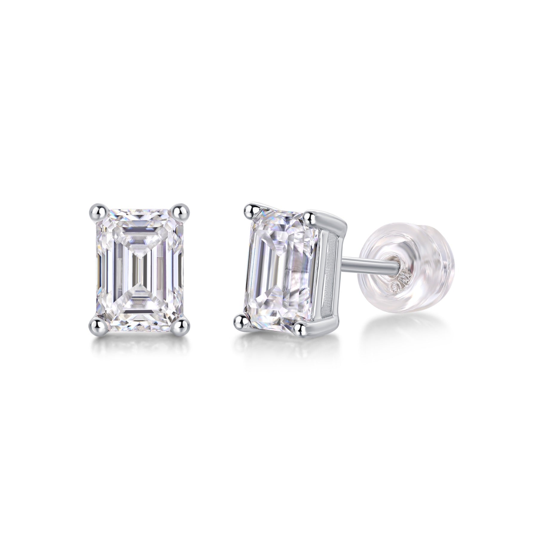 Enthralled Emerald-Cut Moissanite Stud Earrings in Sterling Silver