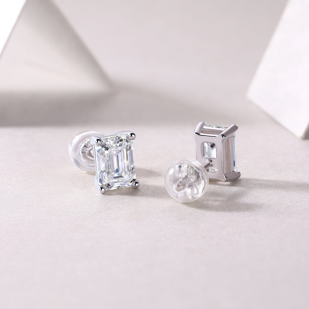 Enthralled Emerald-Cut Moissanite Stud Earrings in Sterling Silver