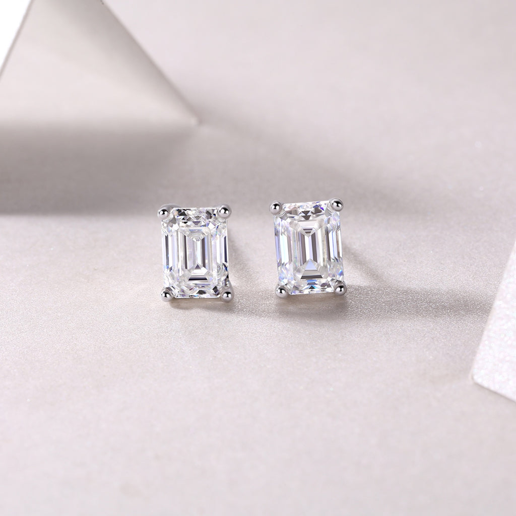 Enthralled Emerald-Cut Moissanite Stud Earrings in Sterling Silver
