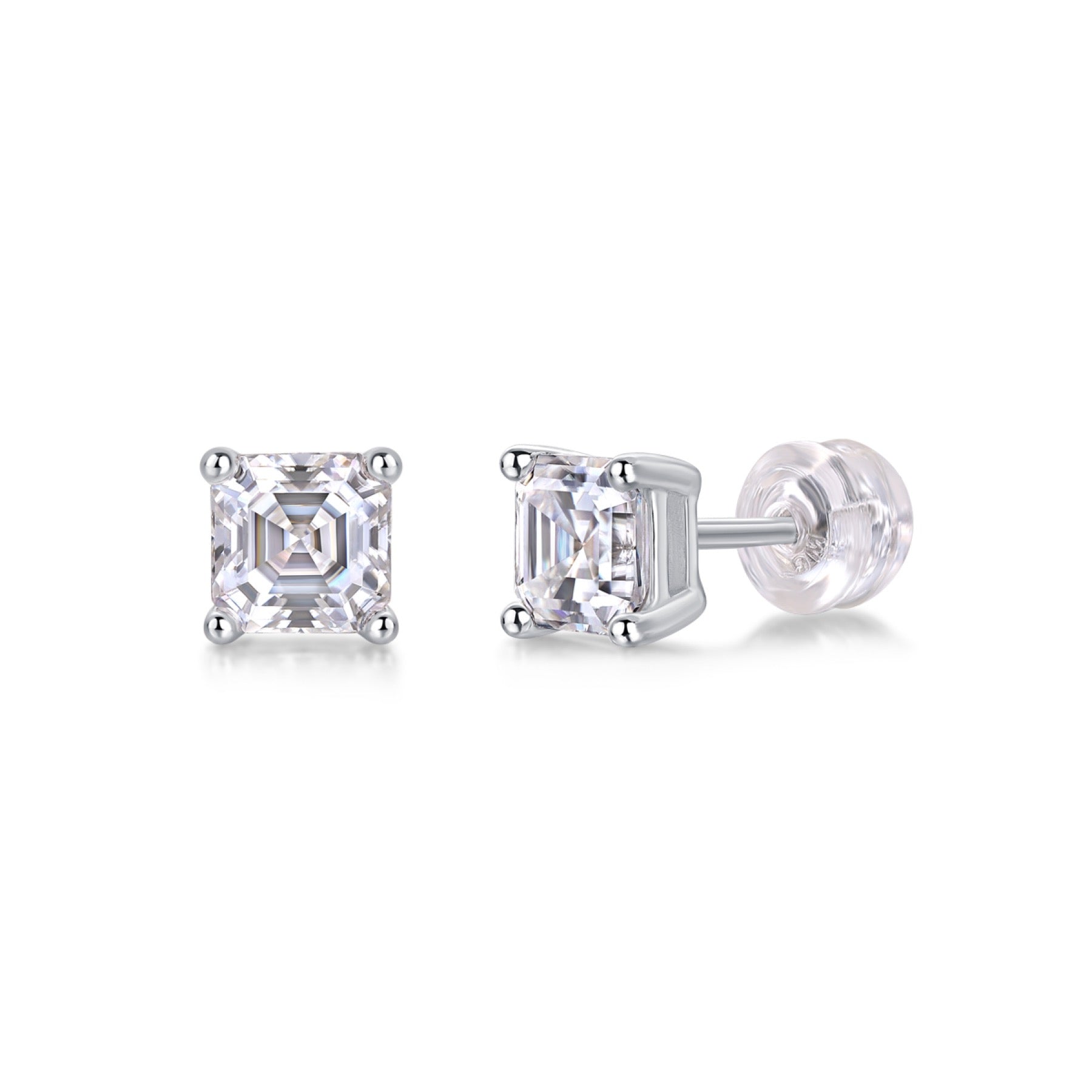 Carefree Square-Cut Moissanite Stud Earrings in Sterling Silver
