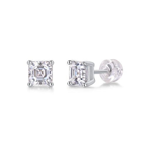 Carefree Square-Cut Moissanite Stud Earrings in Sterling Silver