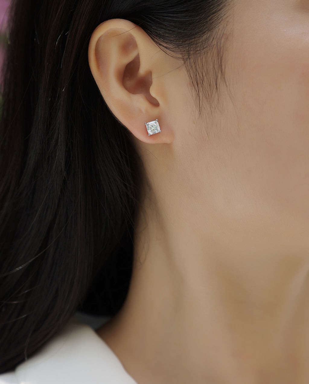 Carefree Square-Cut Moissanite Stud Earrings in Sterling Silver