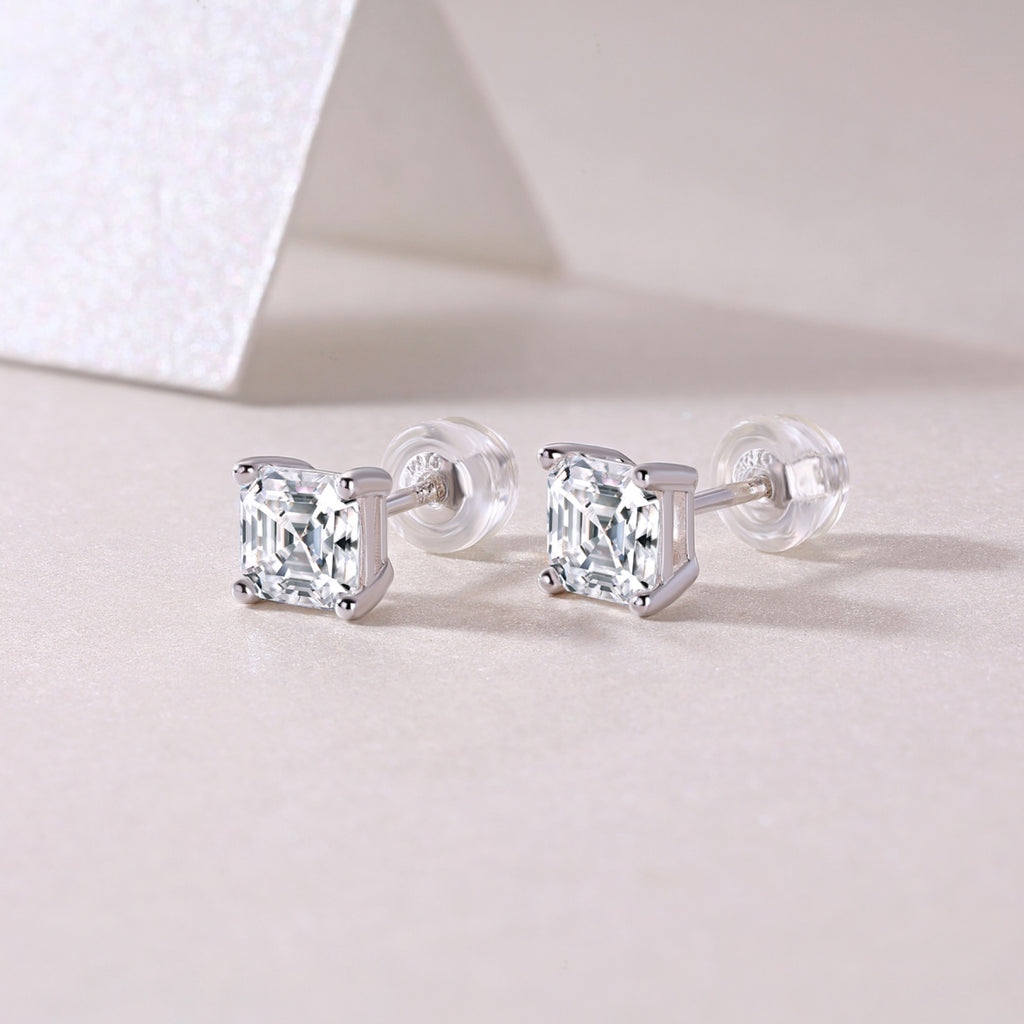 Carefree Square-Cut Moissanite Stud Earrings in Sterling Silver