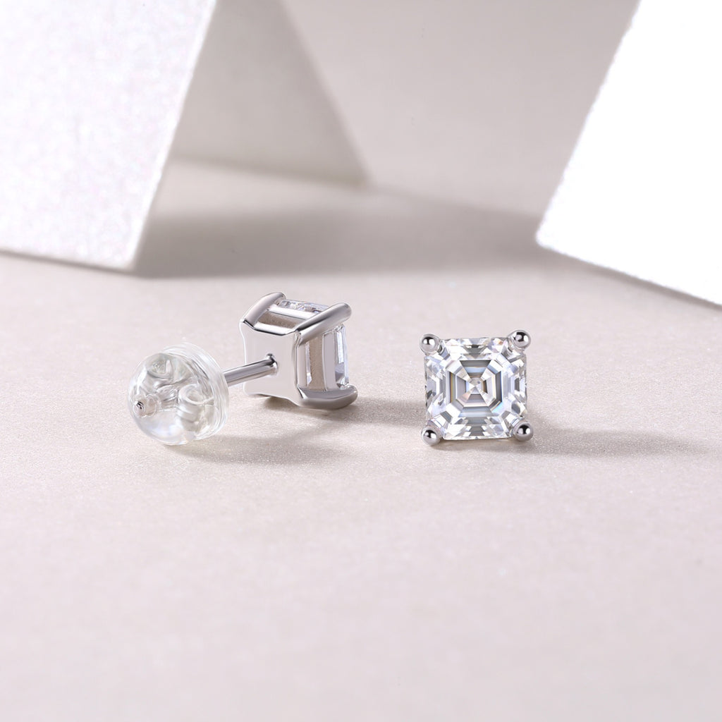 Carefree Square-Cut Moissanite Stud Earrings in Sterling Silver