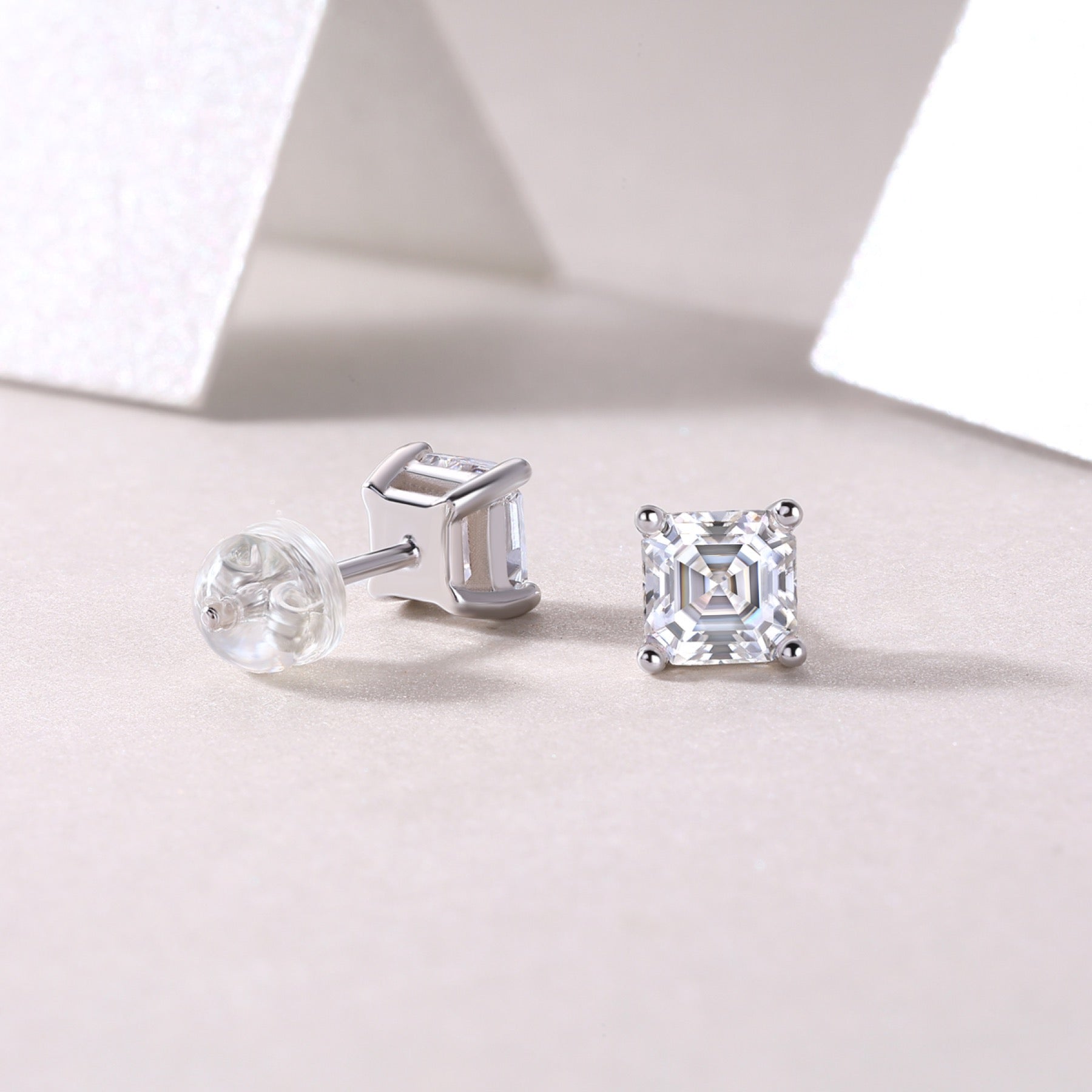 Carefree Square-Cut Moissanite Stud Earrings in Sterling Silver