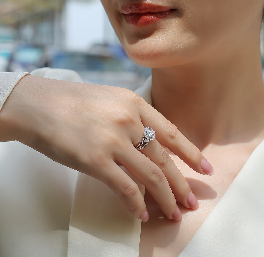 Snow Lotus 2 Carat Moissanite Halo Ring in Sterling Silver