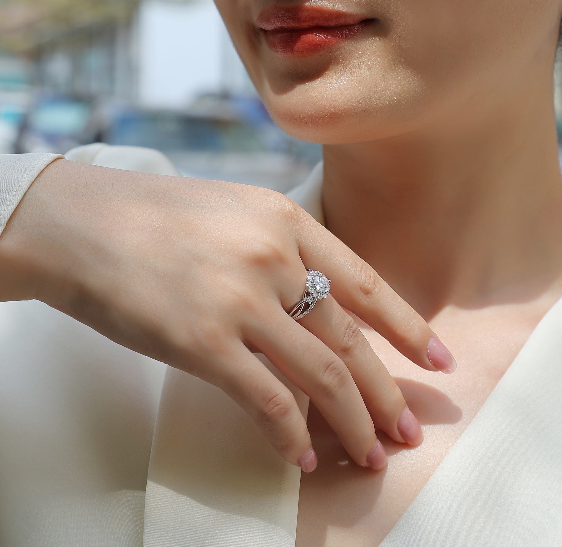 Snow Lotus 2 Carat Moissanite Halo Ring in Sterling Silver