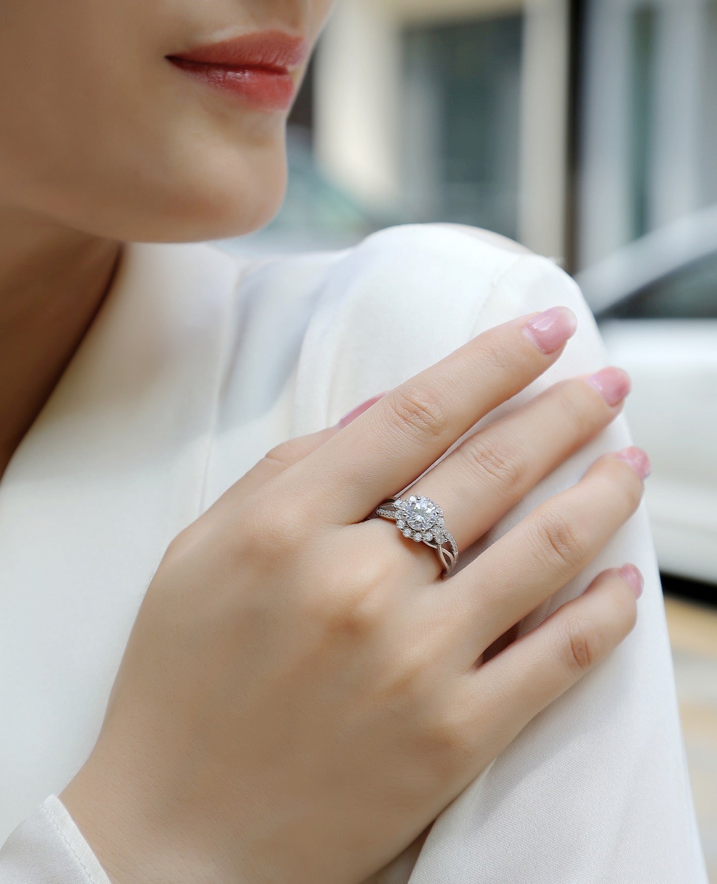 Snow Lotus 2 Carat Moissanite Halo Ring in Sterling Silver