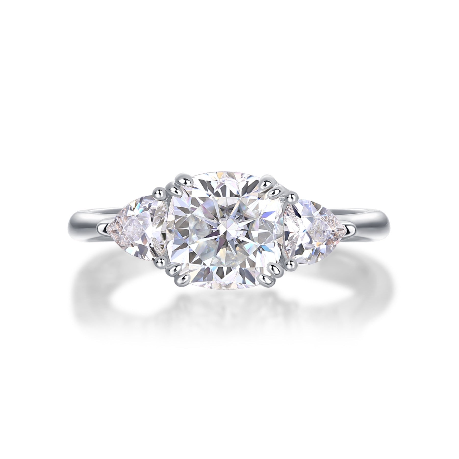 Guardian Cushion-Cut Moissanite Three-Stone Ring in Sterling Silver
