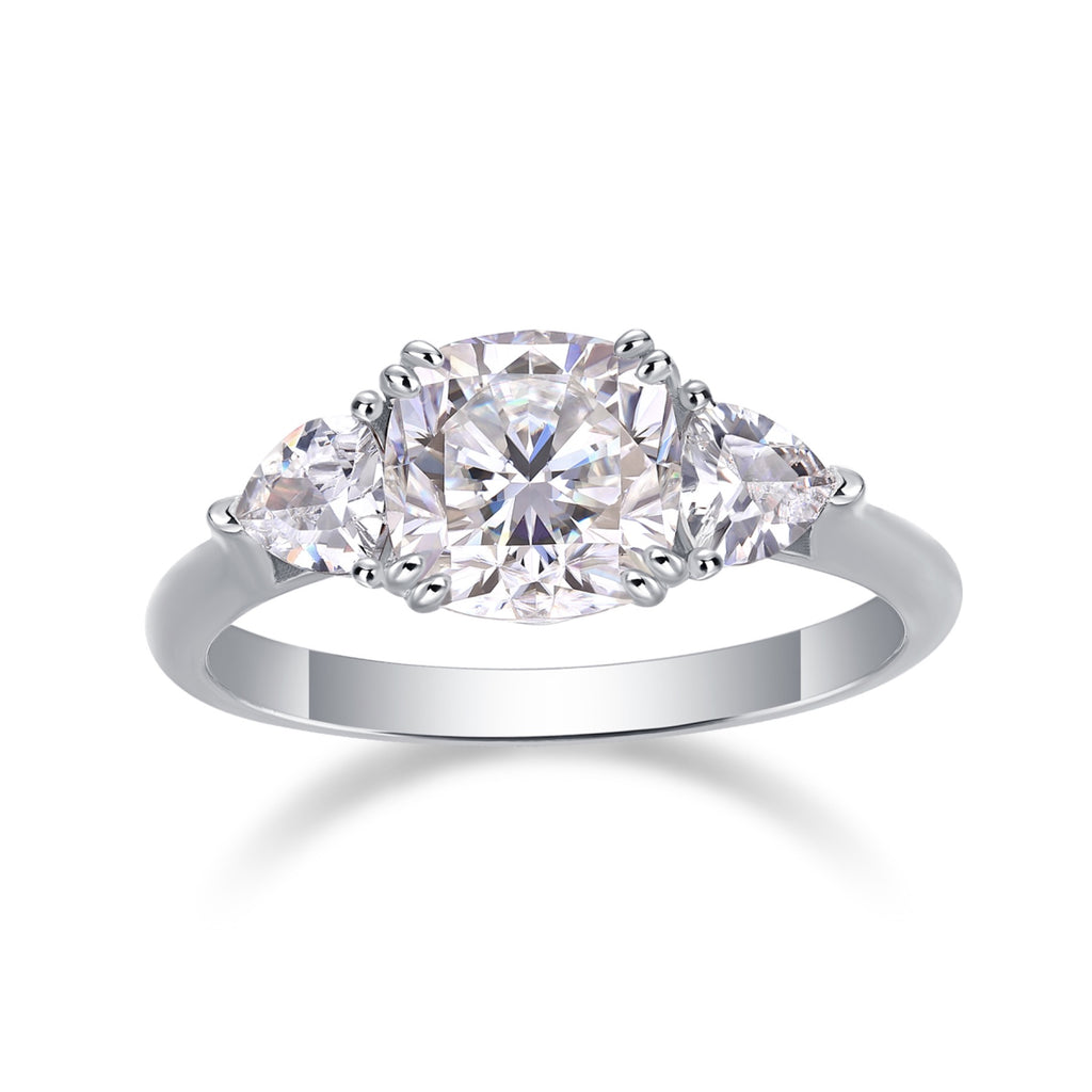 Guardian Cushion-Cut Moissanite Three-Stone Ring in Sterling Silver