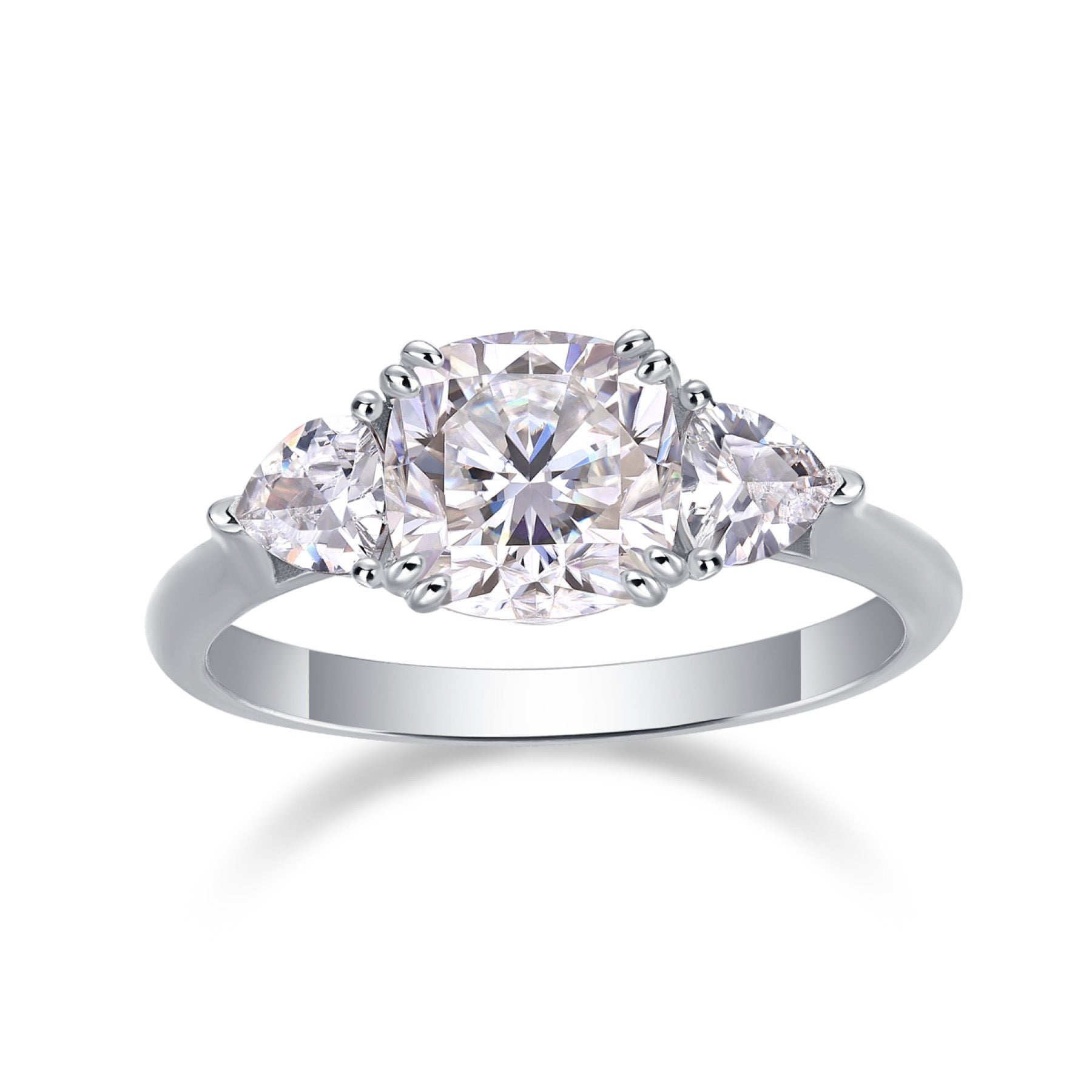 Guardian Cushion-Cut Moissanite Three-Stone Ring in Sterling Silver