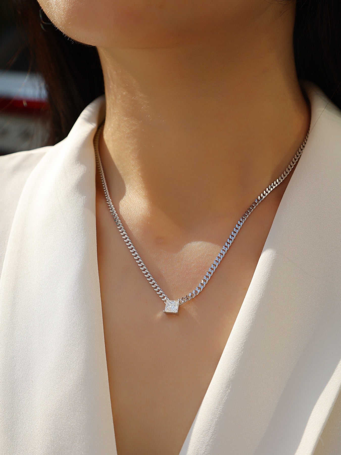 Bravado Square-Cut Moissanite Cuban Chain Necklace in Sterling Silver