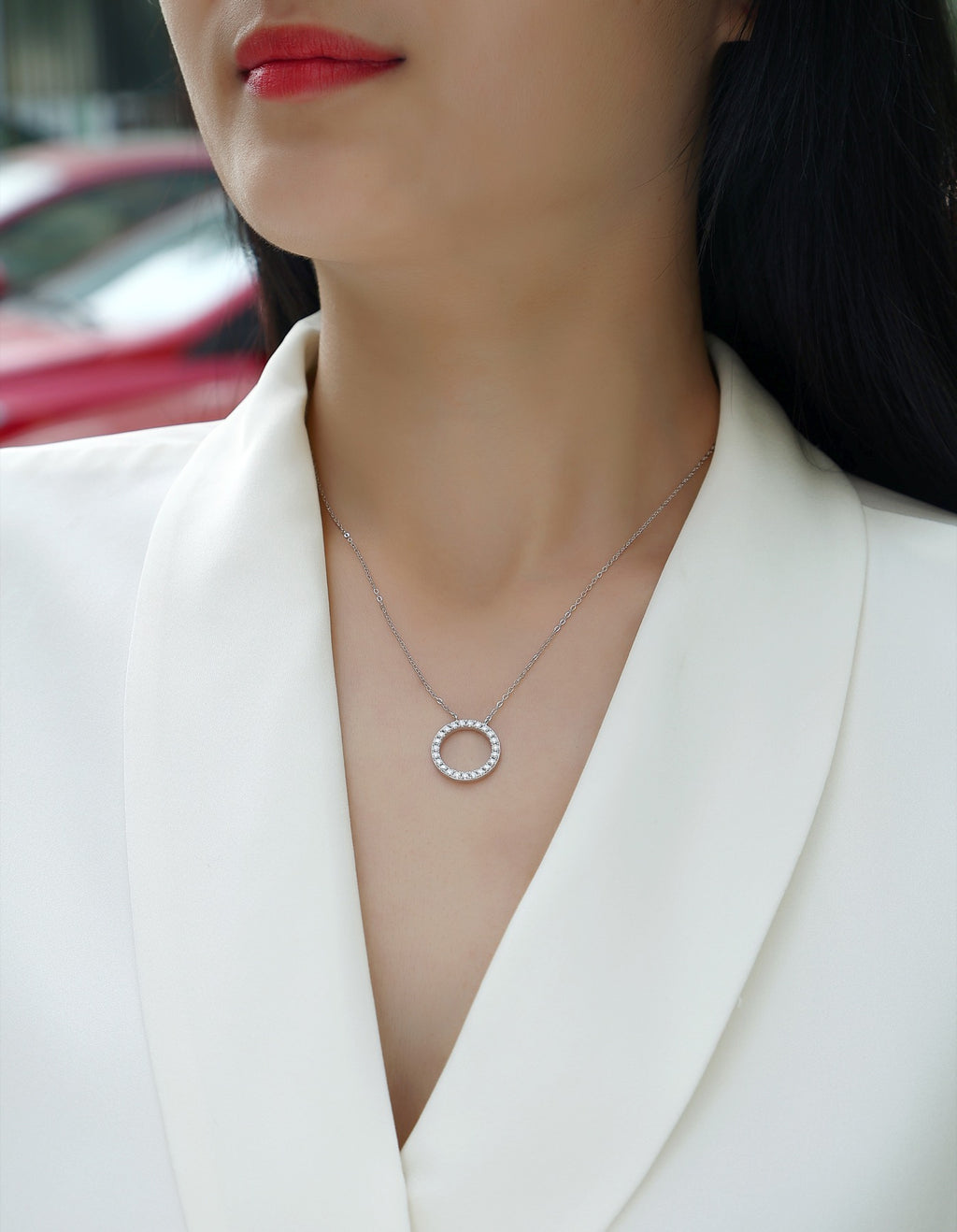Orbit Moissanite Open Circle Necklace in Sterling Silver