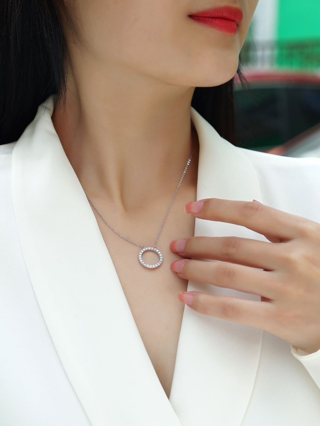 Orbit Moissanite Open Circle Necklace in Sterling Silver