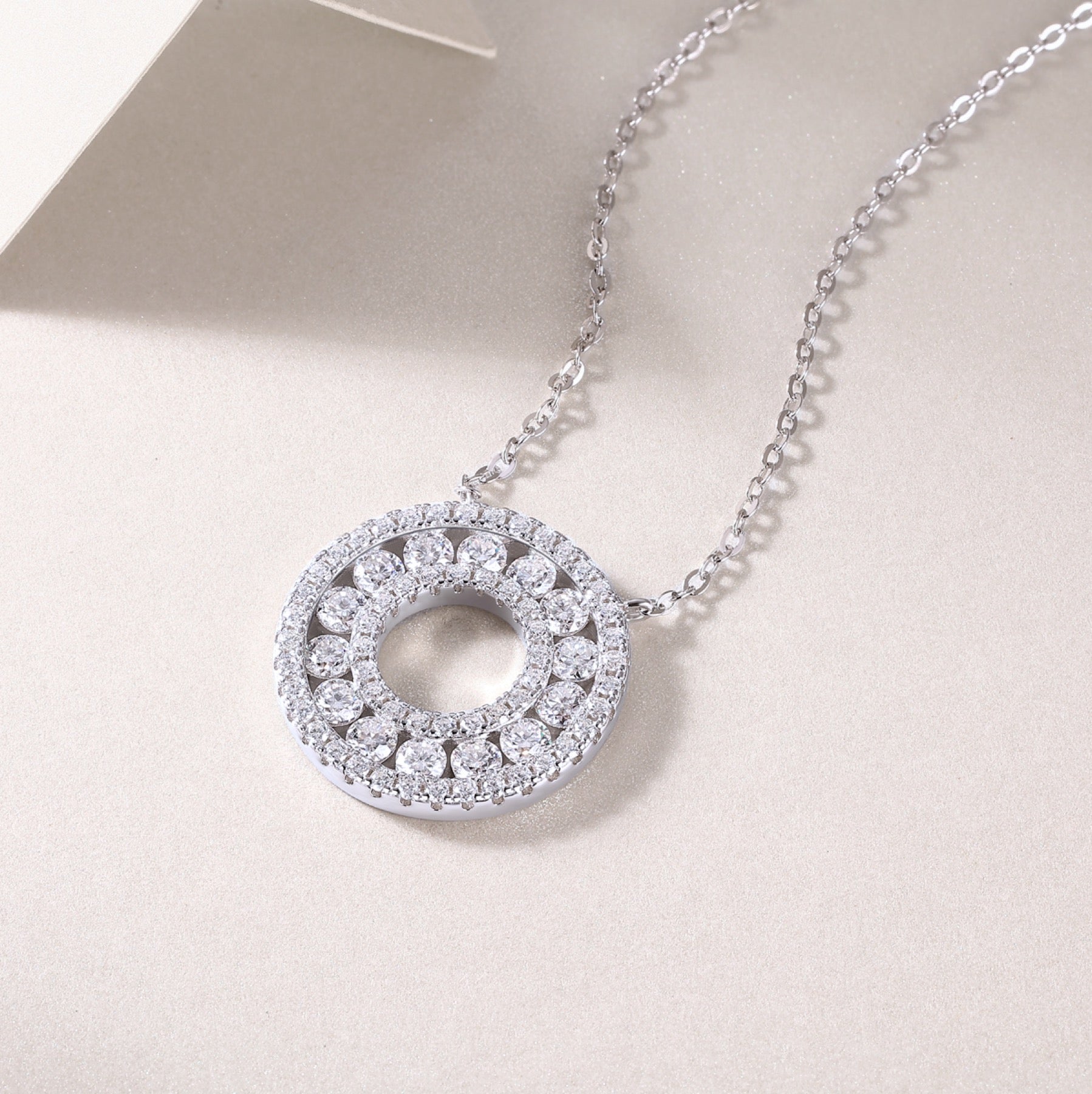 Concentric Moissanite Double Circle Necklace in Sterling Silver