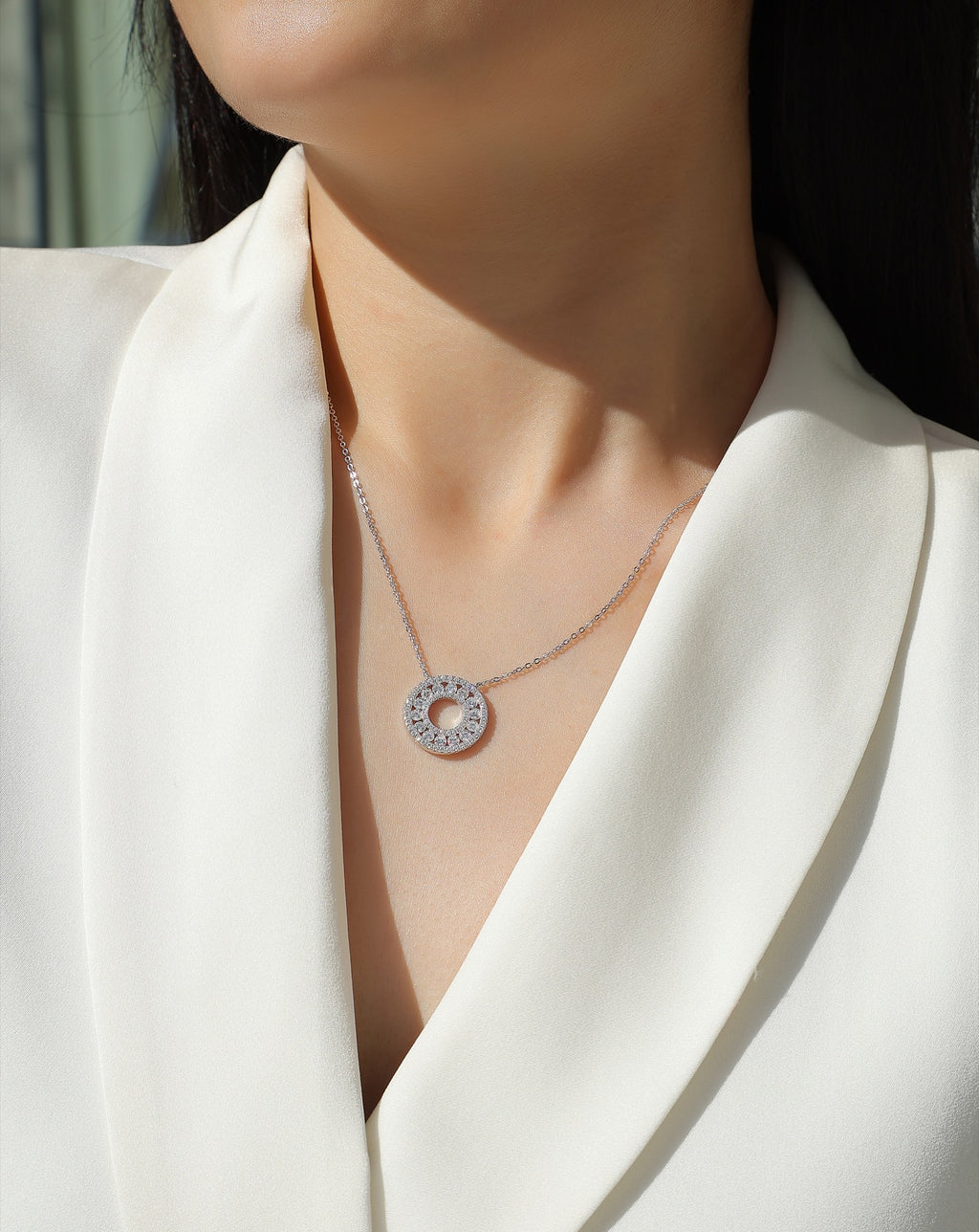 Concentric Moissanite Double Circle Necklace in Sterling Silver