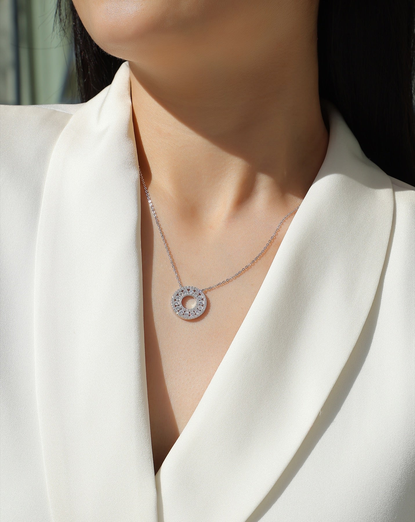 Concentric Moissanite Double Circle Necklace in Sterling Silver