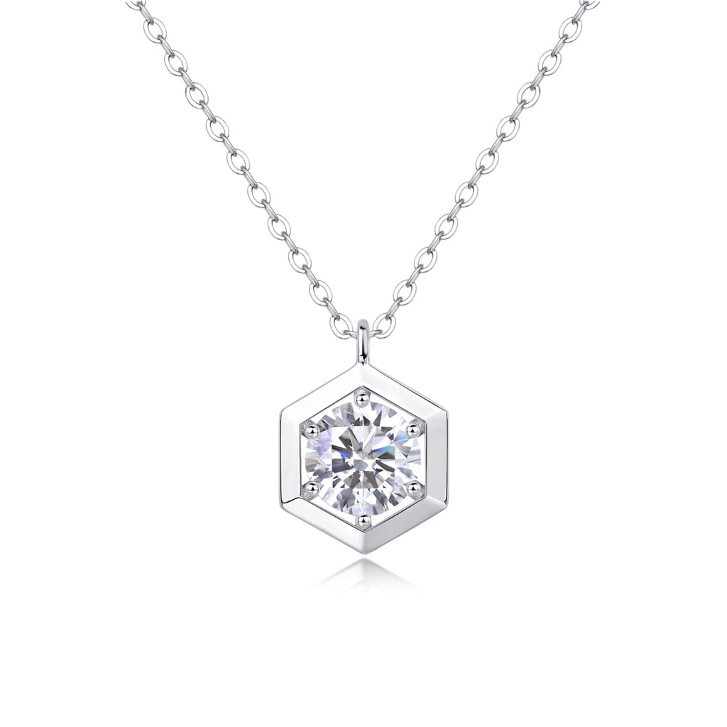 Facet 1 Carat Moissanite Hexagon Pendant Necklace in Sterling Silver