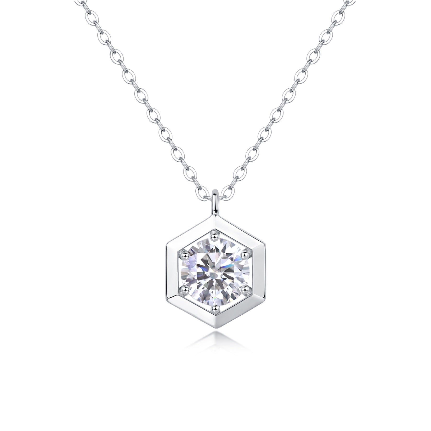 Facet 1 Carat Moissanite Hexagon Pendant Necklace in Sterling Silver