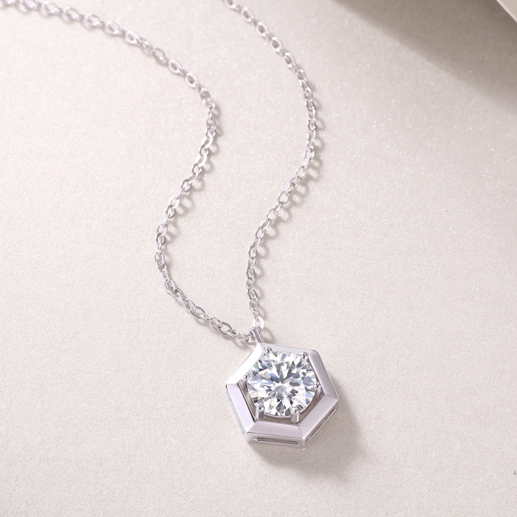 Facet 1 Carat Moissanite Hexagon Pendant Necklace in Sterling Silver
