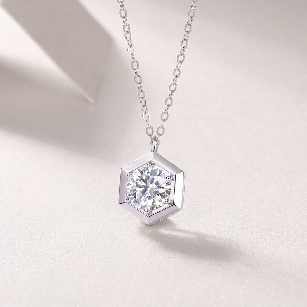 Facet 1 Carat Moissanite Hexagon Pendant Necklace in Sterling Silver