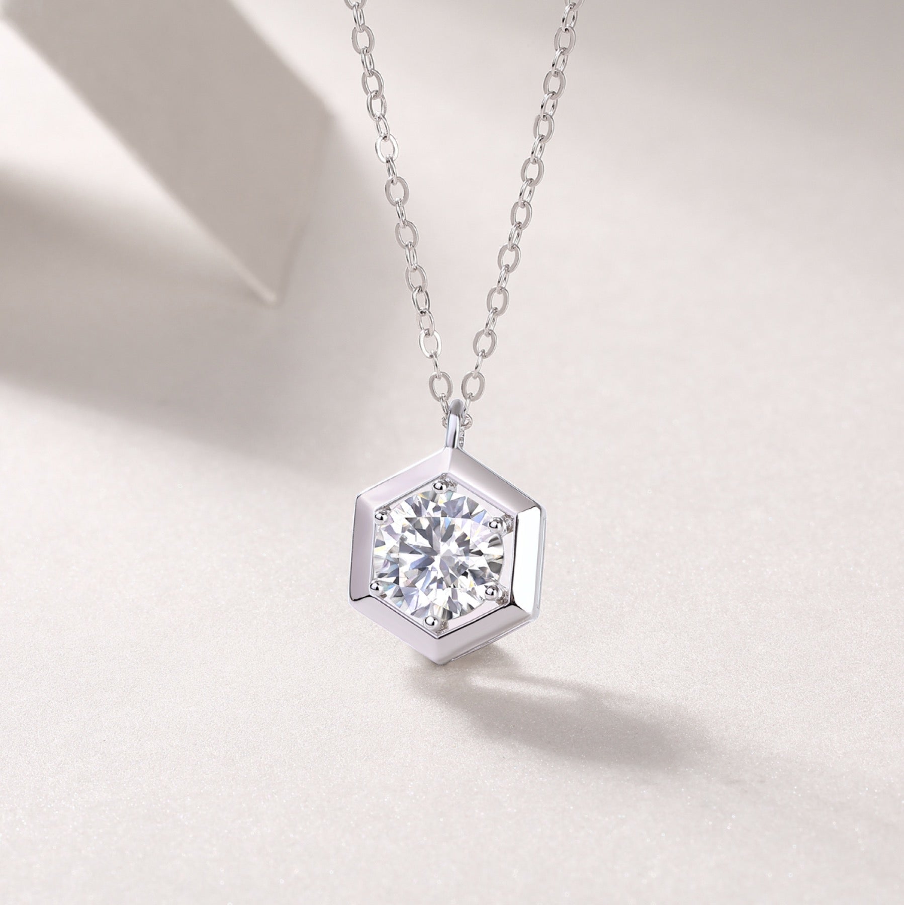 Facet 1 Carat Moissanite Hexagon Pendant Necklace in Sterling Silver
