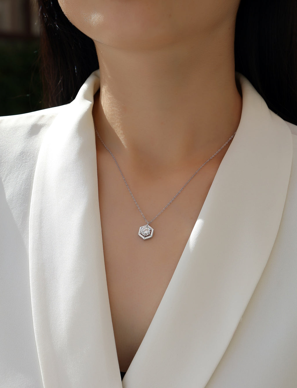 Facet 1 Carat Moissanite Hexagon Pendant Necklace in Sterling Silver