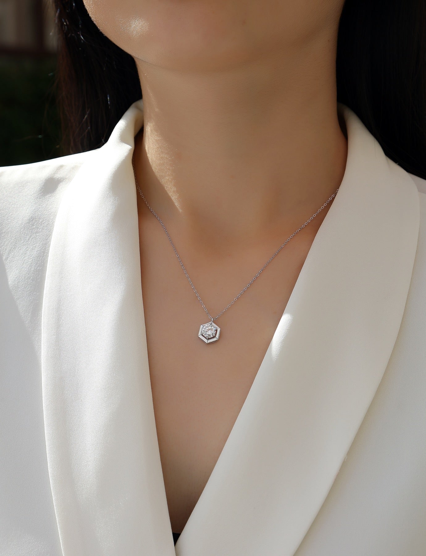 Facet 1 Carat Moissanite Hexagon Pendant Necklace in Sterling Silver