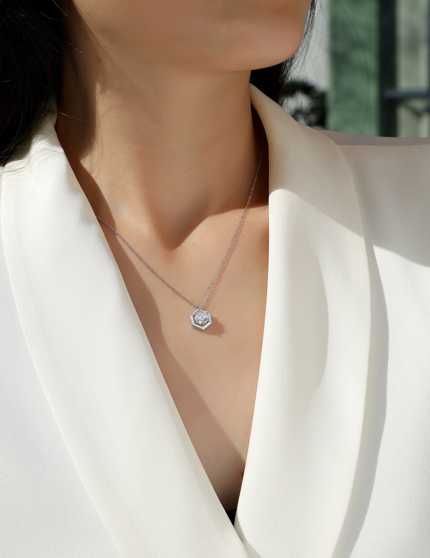 Facet 1 Carat Moissanite Hexagon Pendant Necklace in Sterling Silver