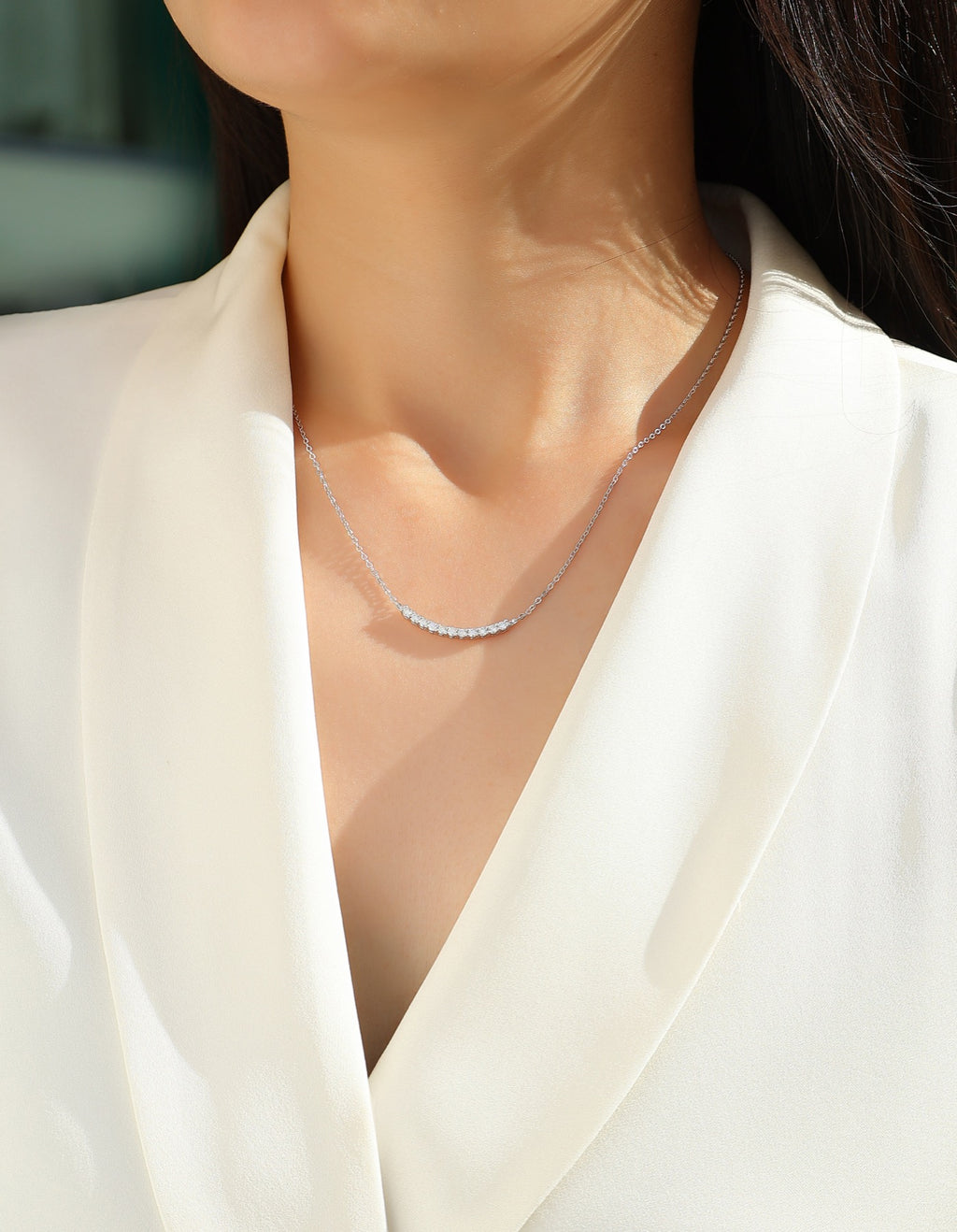 Ease Moissanite Curved Bar Necklace in Sterling Silver