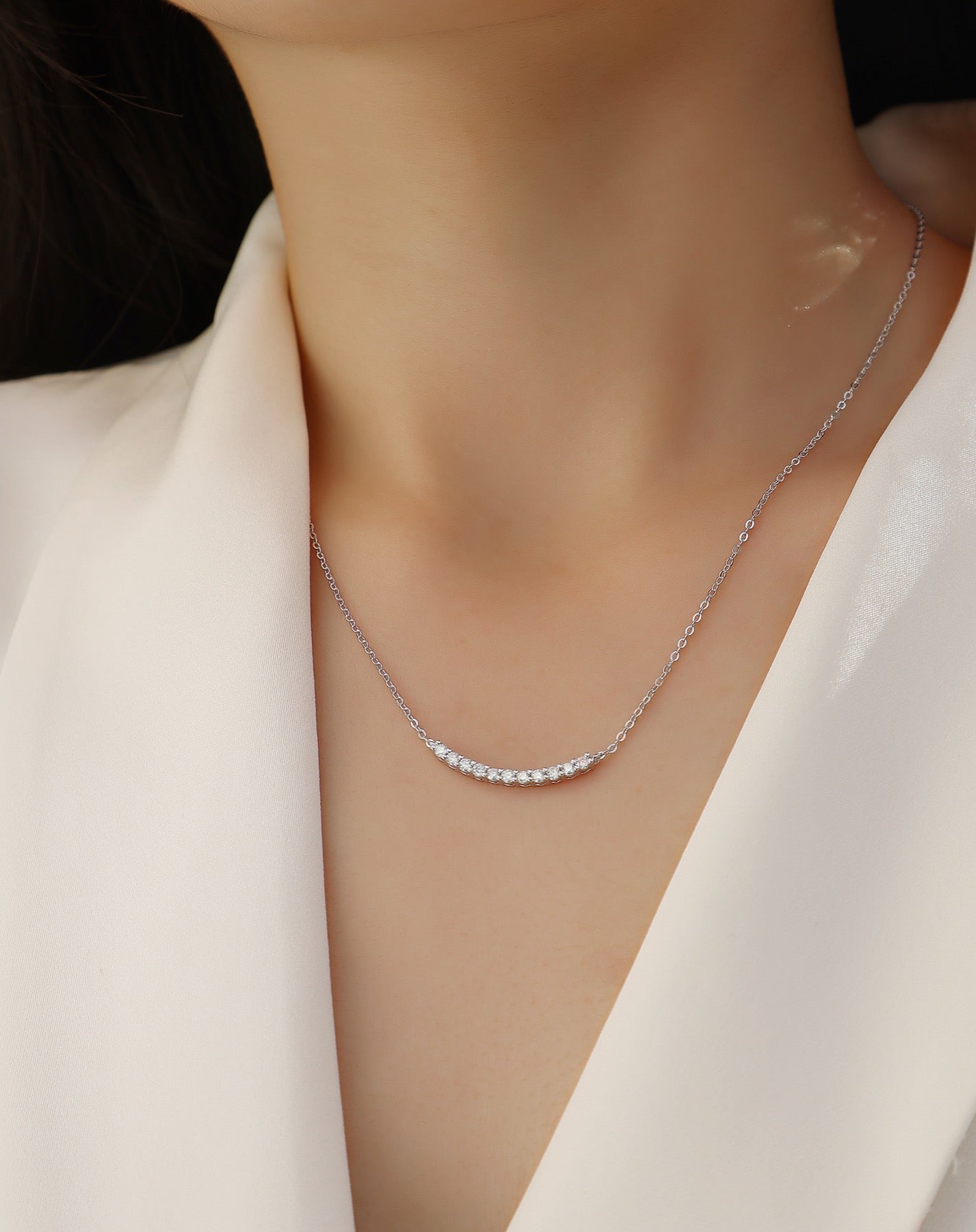 Ease Moissanite Curved Bar Necklace in Sterling Silver