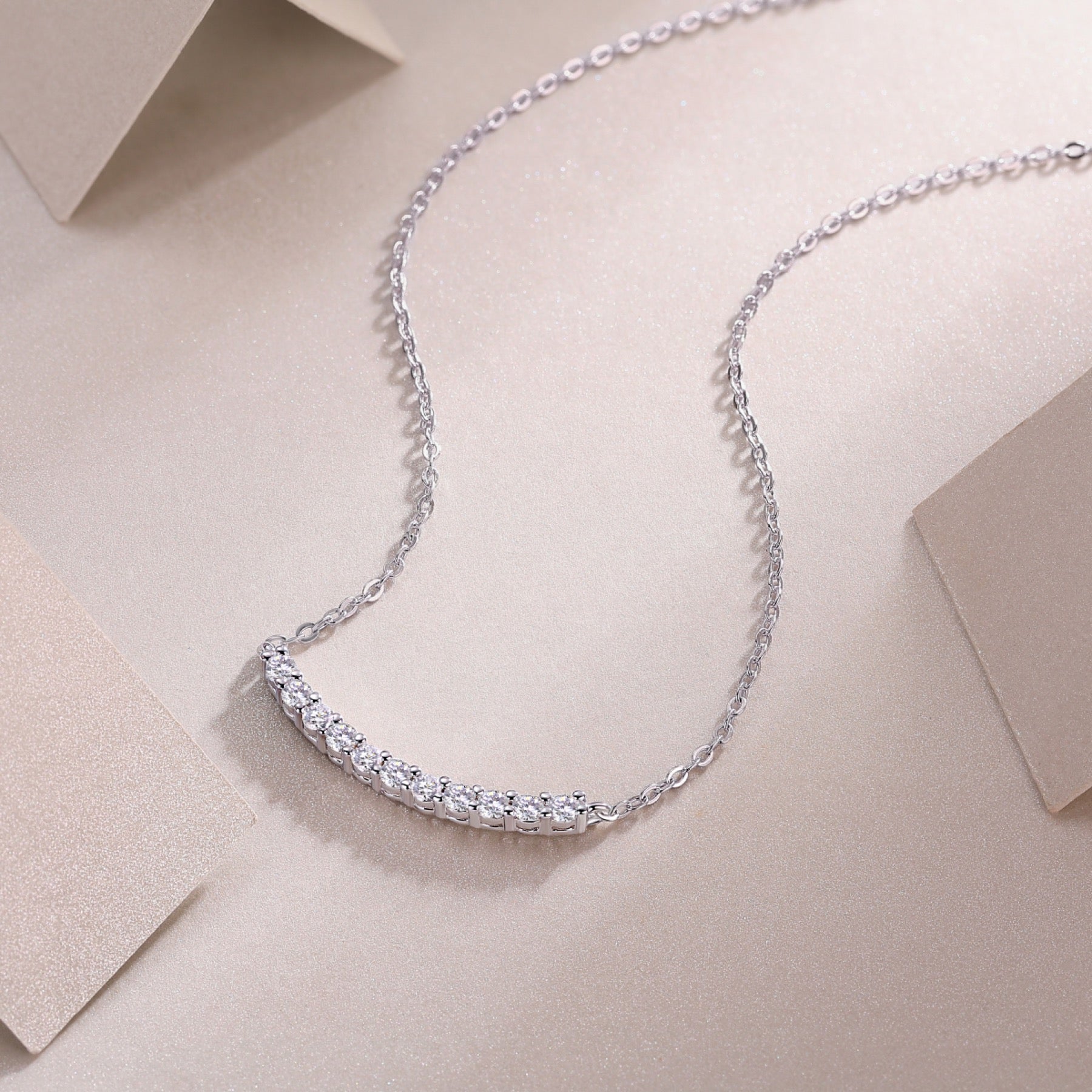 Ease Moissanite Curved Bar Necklace in Sterling Silver